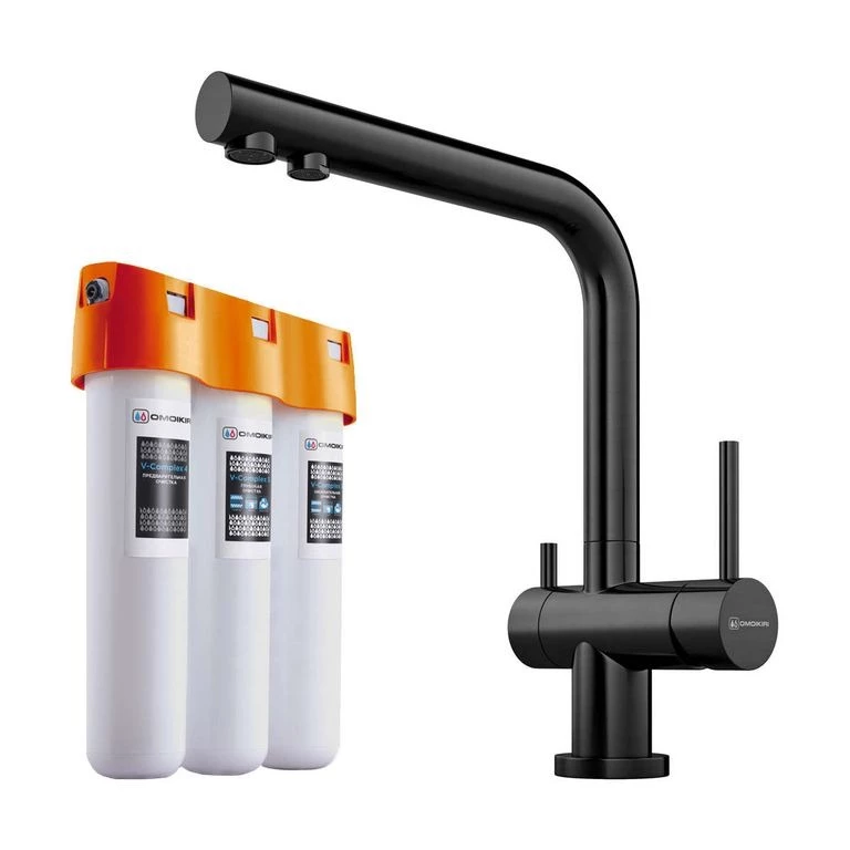 Комплект смеситель Nagano + Pure drop Lite Omoikiri Вороненая сталь 4179.8028
